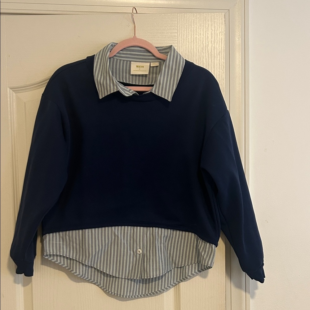 Navy Blue Two-fer Sweatshirt with Striped Collar